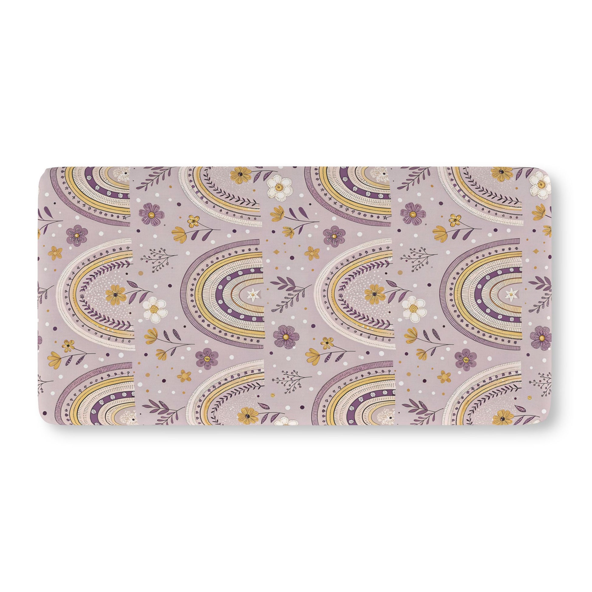 Fitted crib sheet with plum arches and wildflowers on lilac