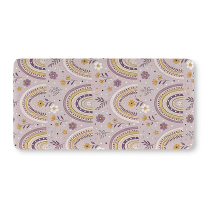 Fitted crib sheet with plum arches and wildflowers on lilac