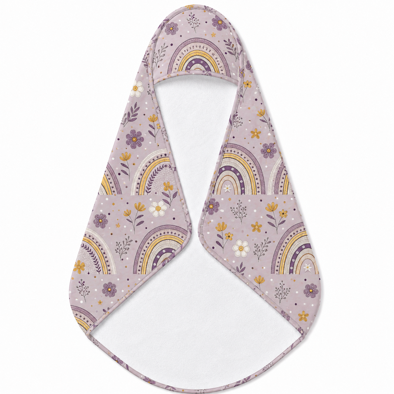 Lilac Meadow Arches hooded baby towel wrapped around a baby