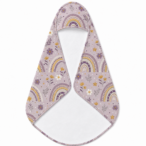 Lilac Meadow Arches hooded baby towel wrapped around a baby