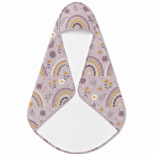 Lilac Meadow Arches hooded baby towel wrapped around a baby