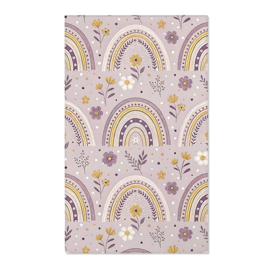 Purple nursery area rug with banded arches on lilac