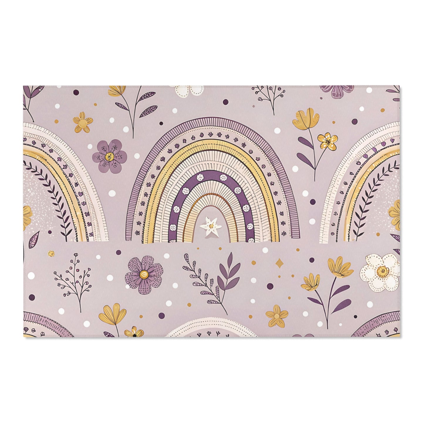 Low pile nursery rug with plum arches and purple wildflowers