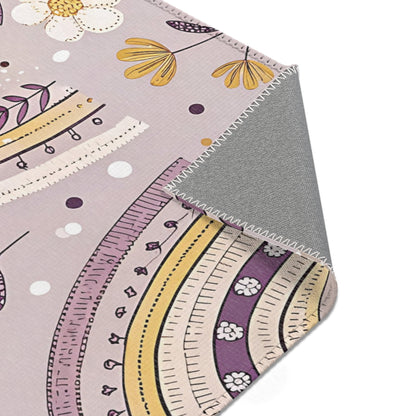 Purple arch rug in plum and mustard for a nursery floor