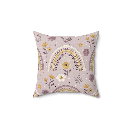 Lilac Meadow Arches decorative nursery pillow on a glider chair
