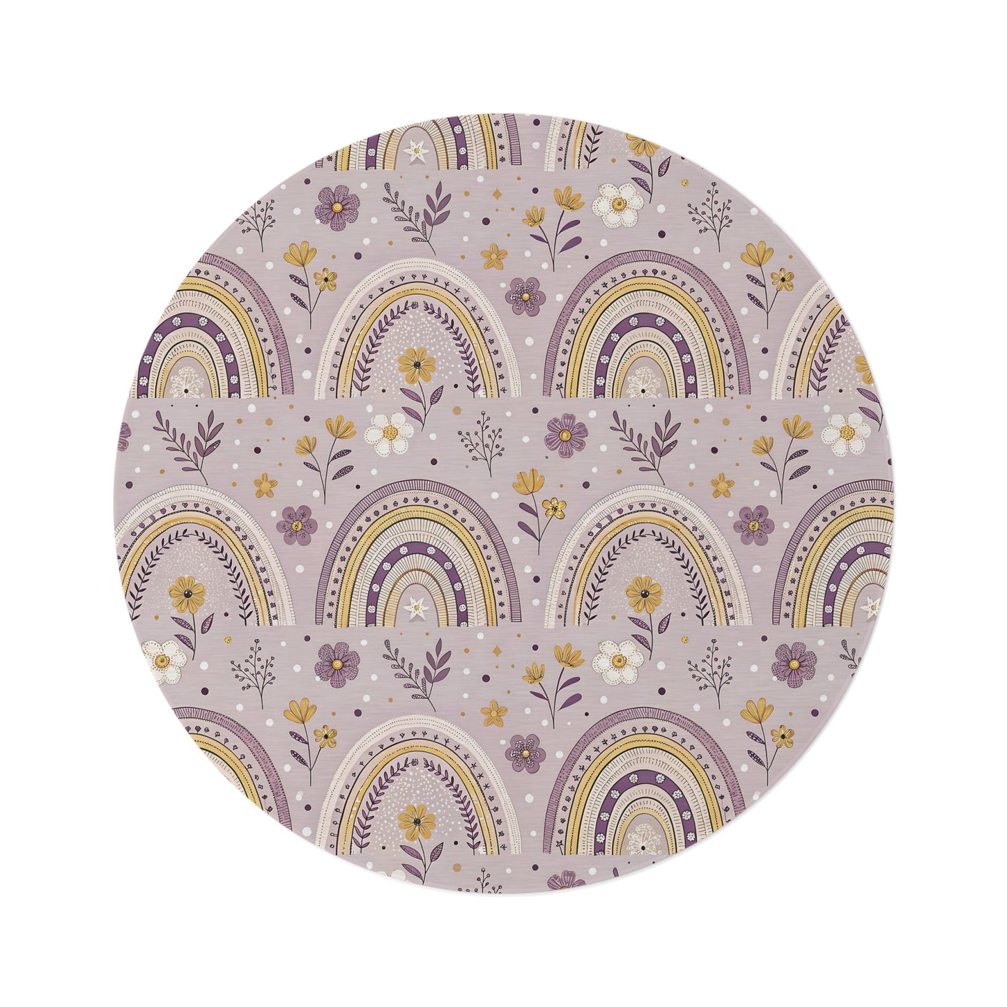 Lilac Meadow Arches round nursery rug on a baby room floor