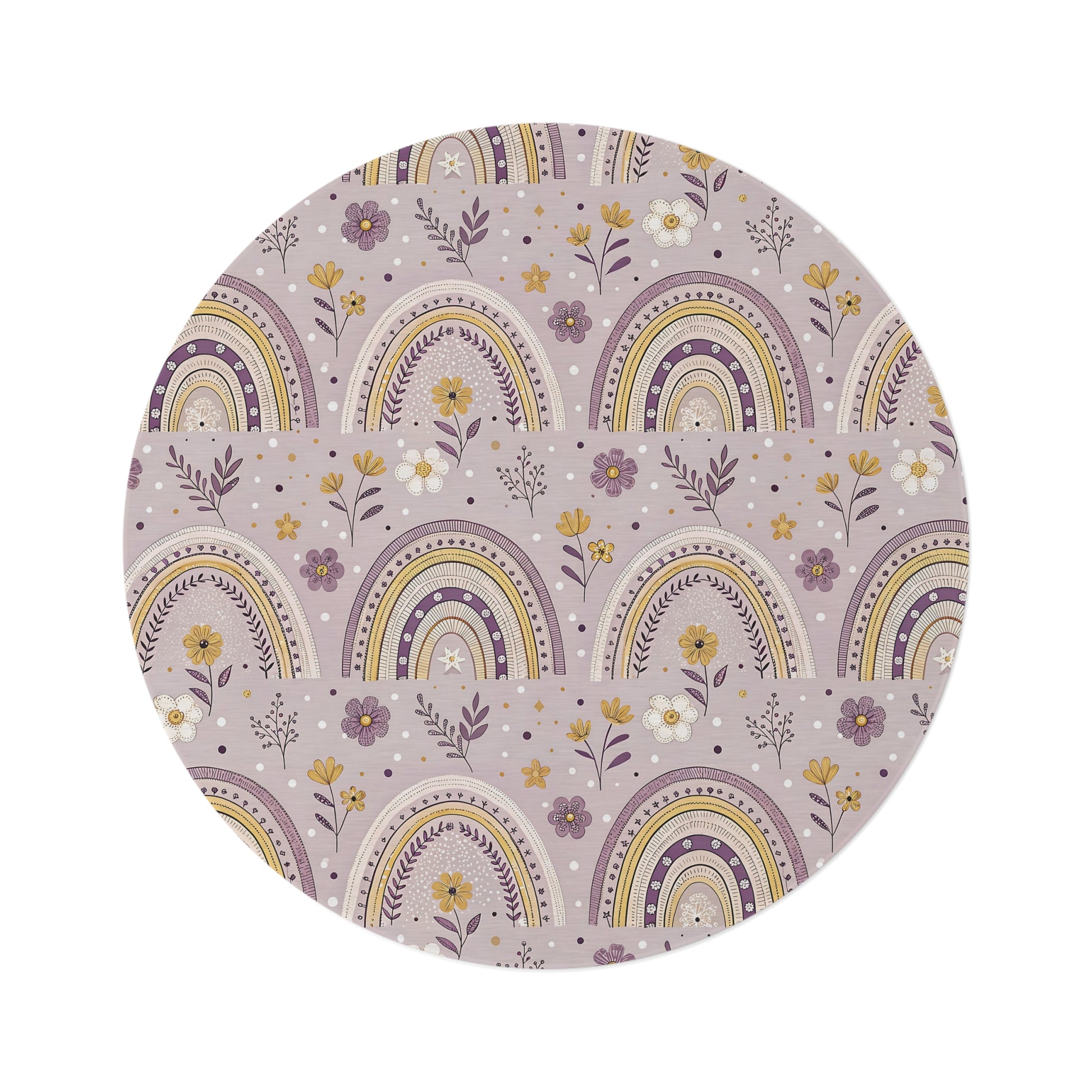 Lilac Meadow Arches round nursery rug on a baby room floor