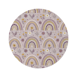 Lilac Meadow Arches round nursery rug on a baby room floor