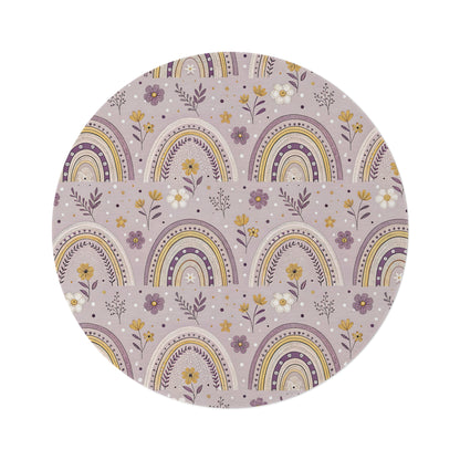 Lilac Meadow Arches round nursery rug on a baby room floor