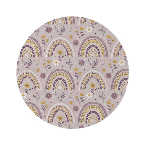 Lilac Meadow Arches round nursery rug on a baby room floor