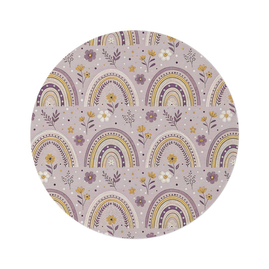 Lilac Meadow Arches round nursery rug on a baby room floor