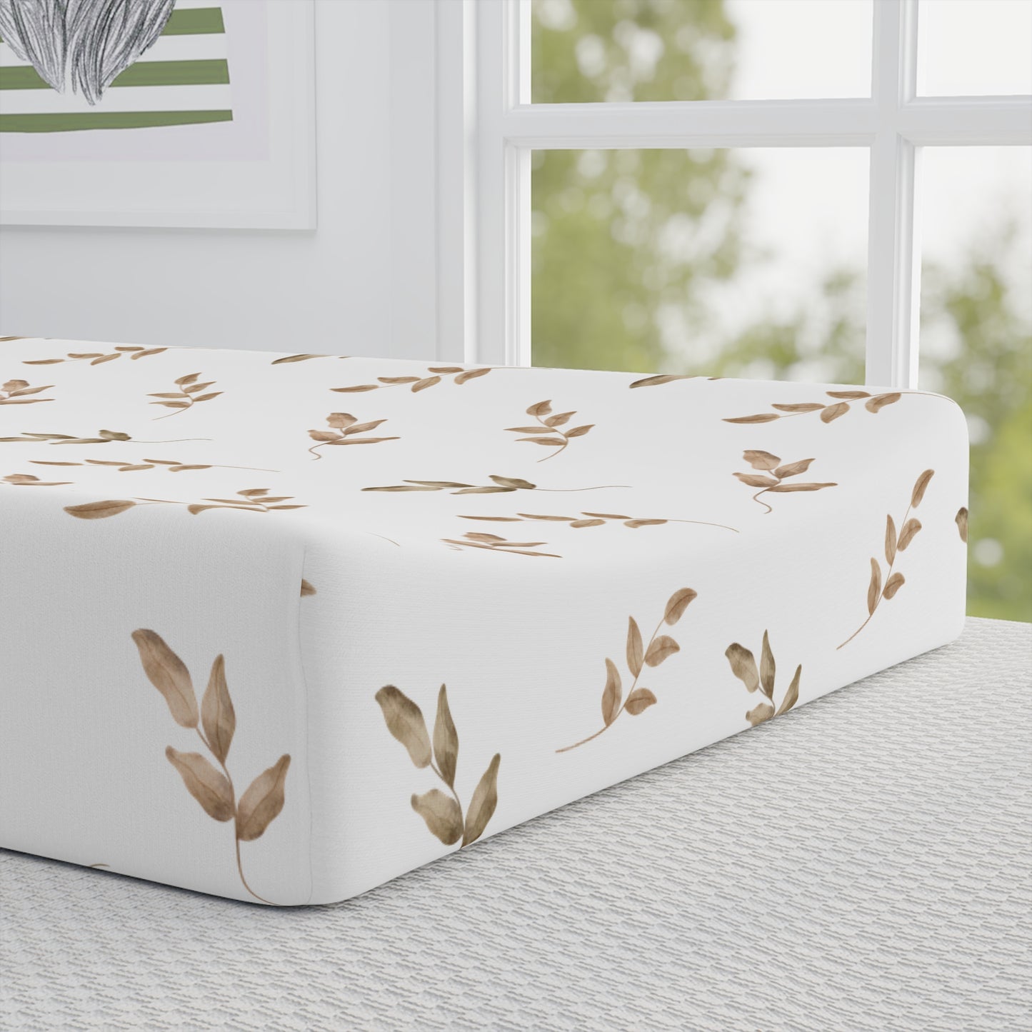 Close detail of the Linen Leaf print on the changing pad cover