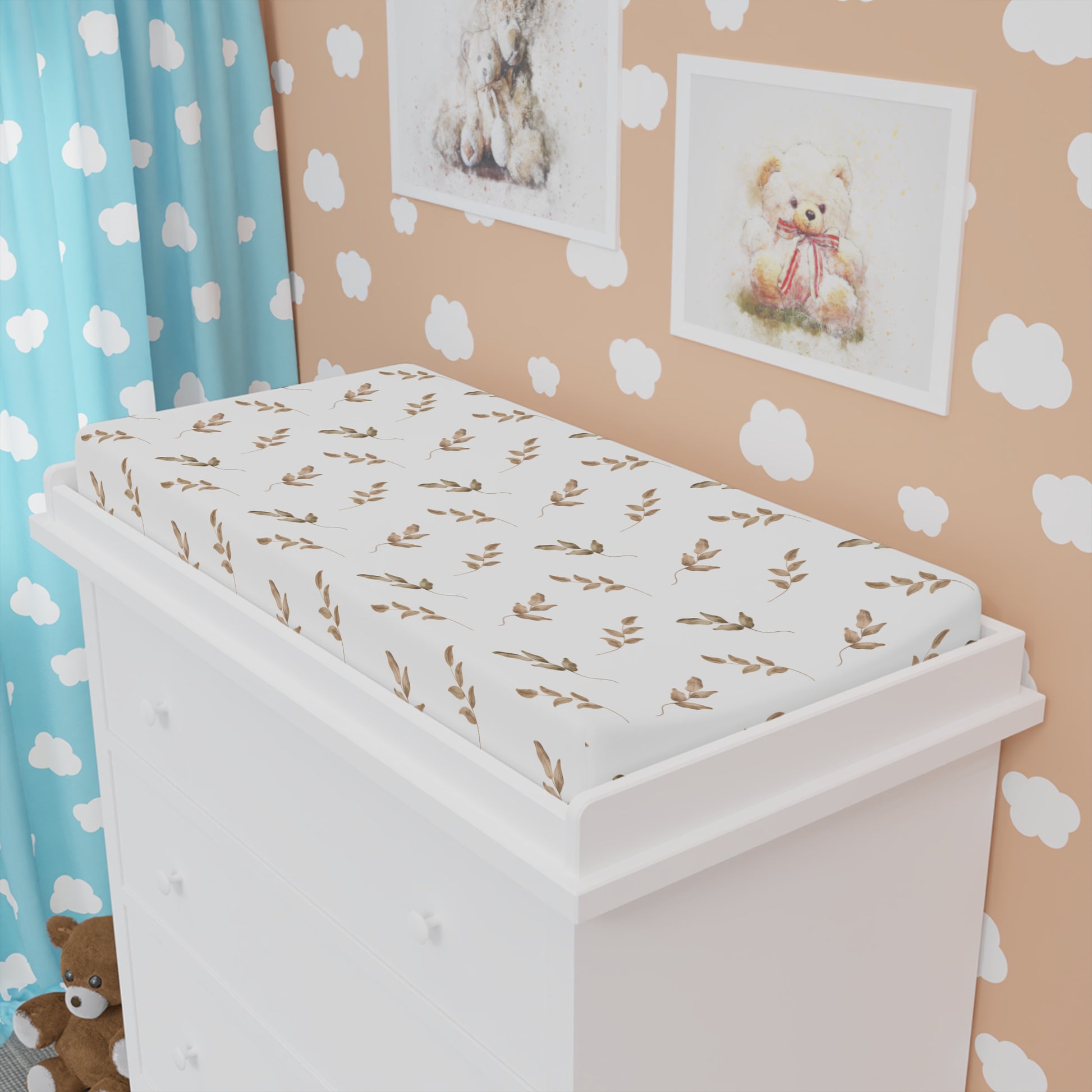Linen Leaf changing pad cover fitted over a contoured pad
