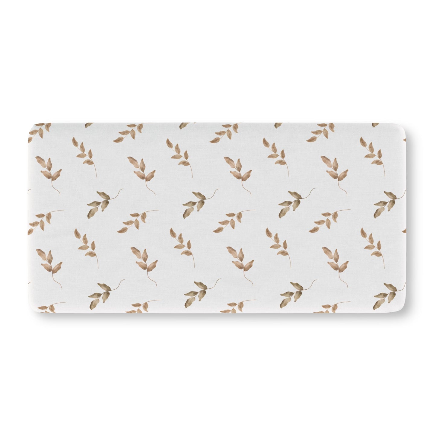 Fitted crib sheet with taupe watercolour leaf sprigs on white