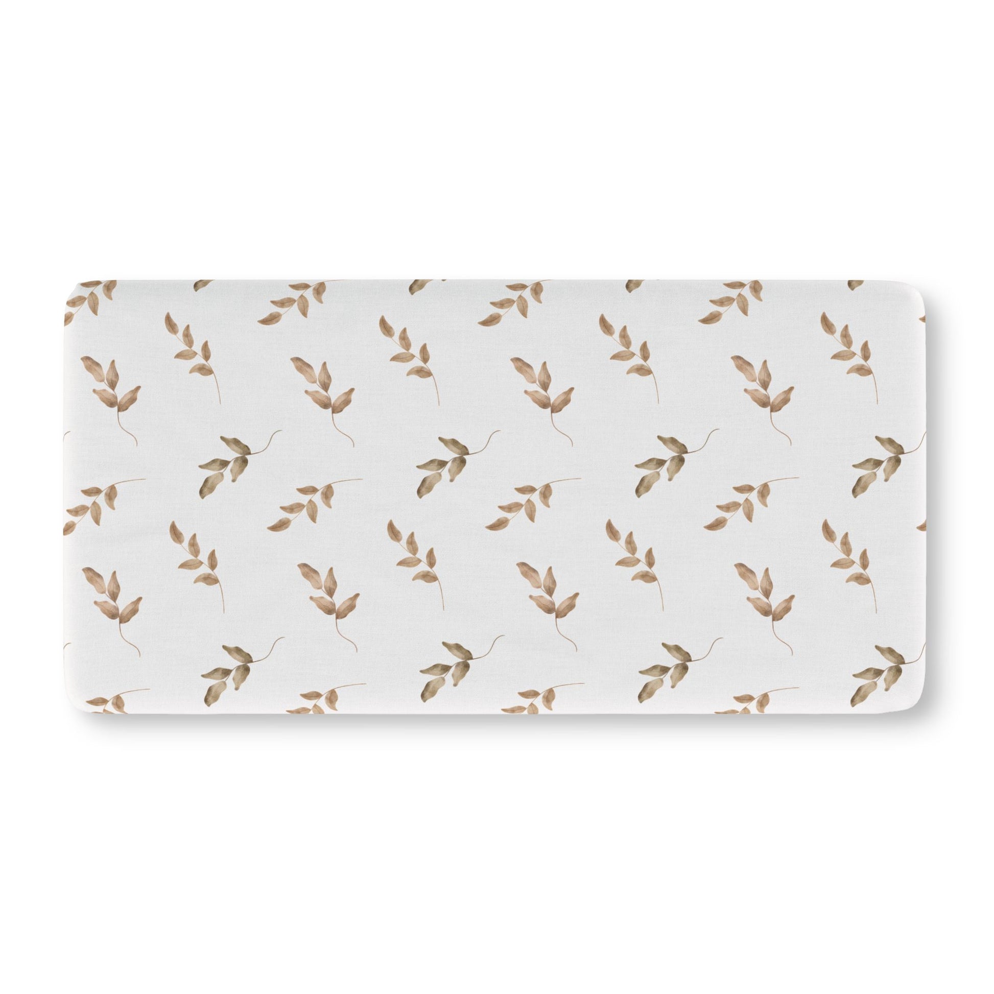 Fitted crib sheet with taupe watercolour leaf sprigs on white