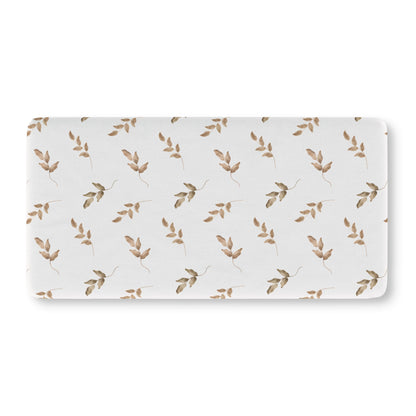 Fitted crib sheet with taupe watercolour leaf sprigs on white