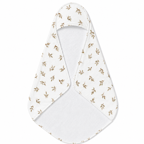 Linen Leaf hooded baby towel wrapped around a baby