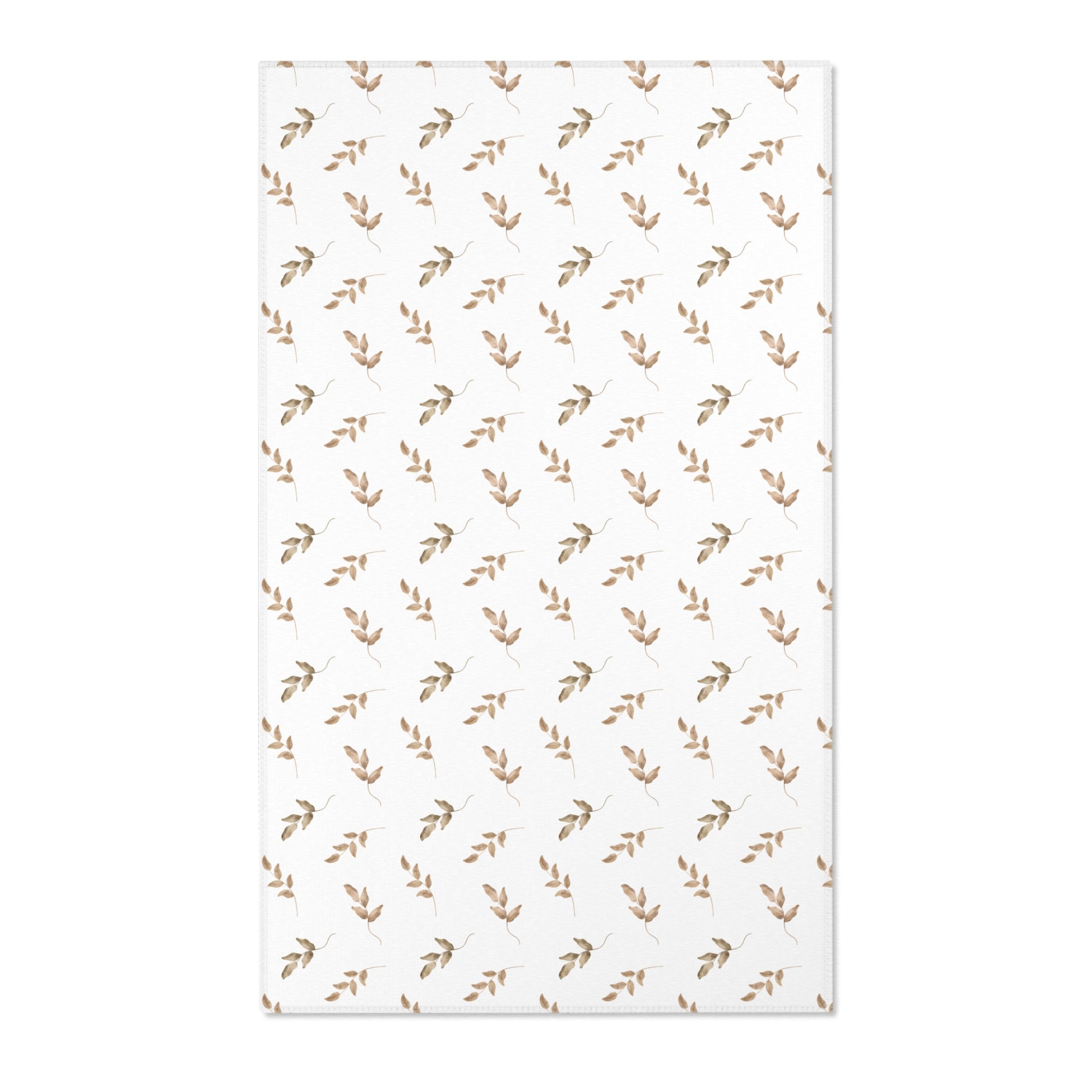 Neutral botanical nursery area rug in taupe and tan on white