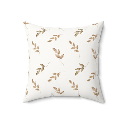 Close detail of the leaf print on the faux suede pillow