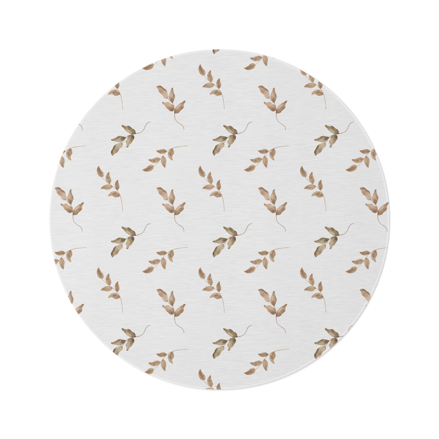 Linen Leaf round nursery rug on a baby room floor