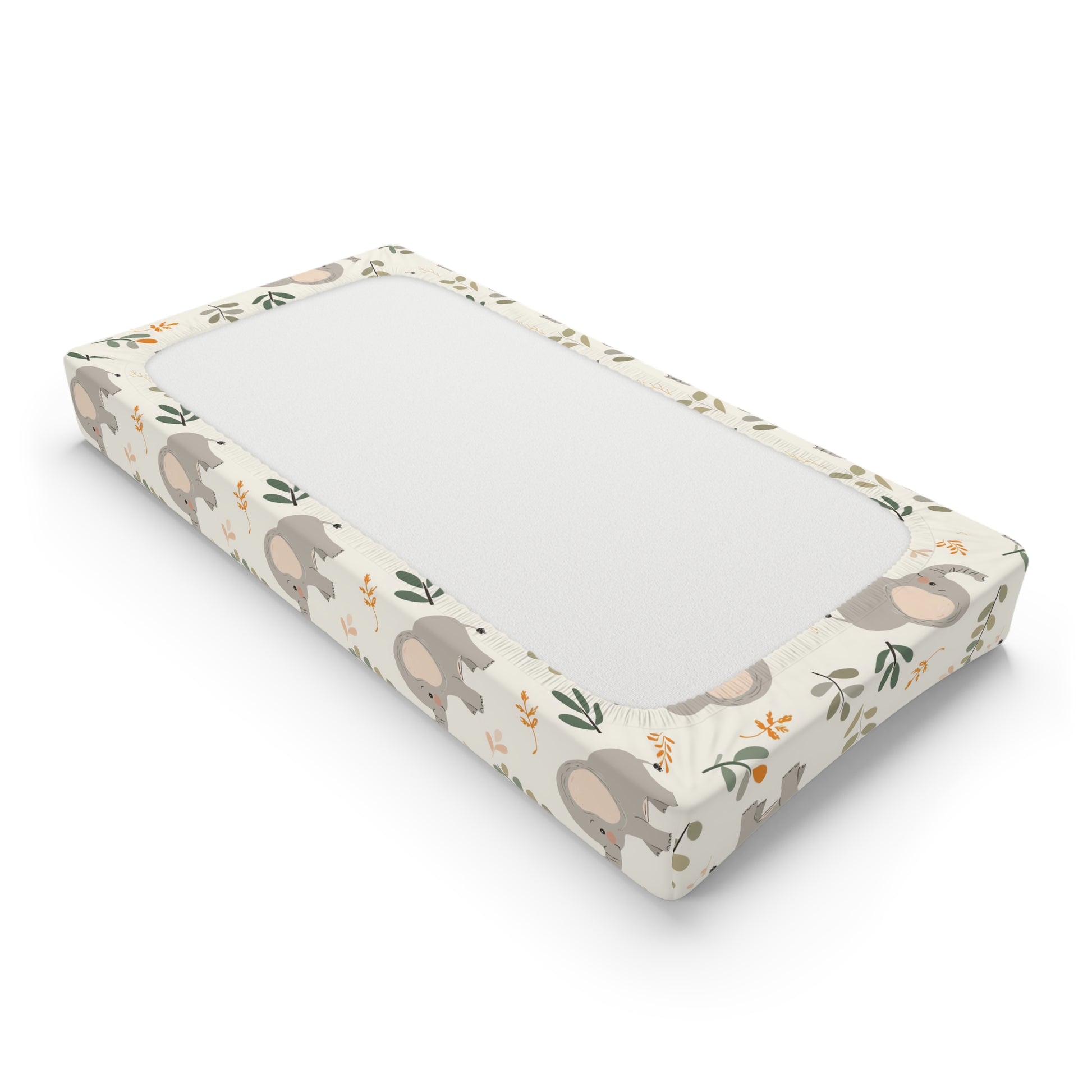Changing pad cover with grey elephants and leaf sprigs