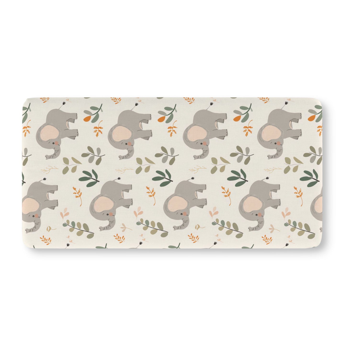 Fitted crib sheet with grey elephants and green leaves on cream