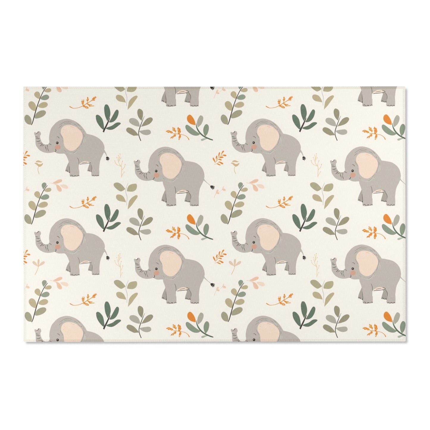 Low pile nursery rug with grey elephants and green leaves