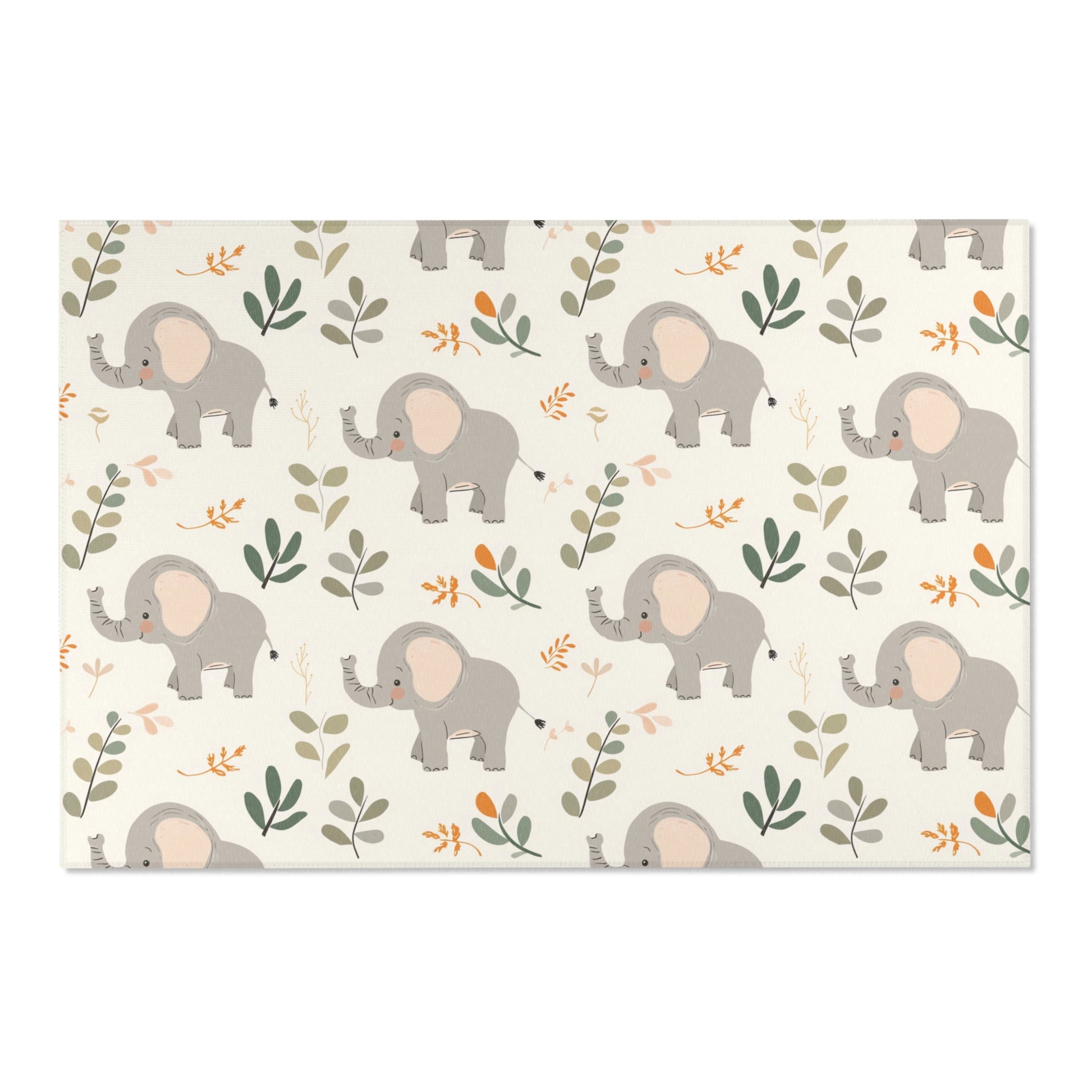 Low pile nursery rug with grey elephants and green leaves