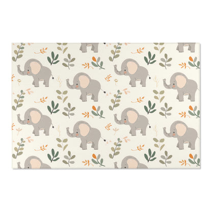 Low pile nursery rug with grey elephants and green leaves
