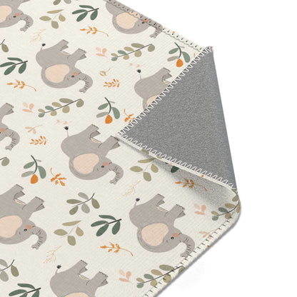 Nursery area rug printed edge to edge with little elephants