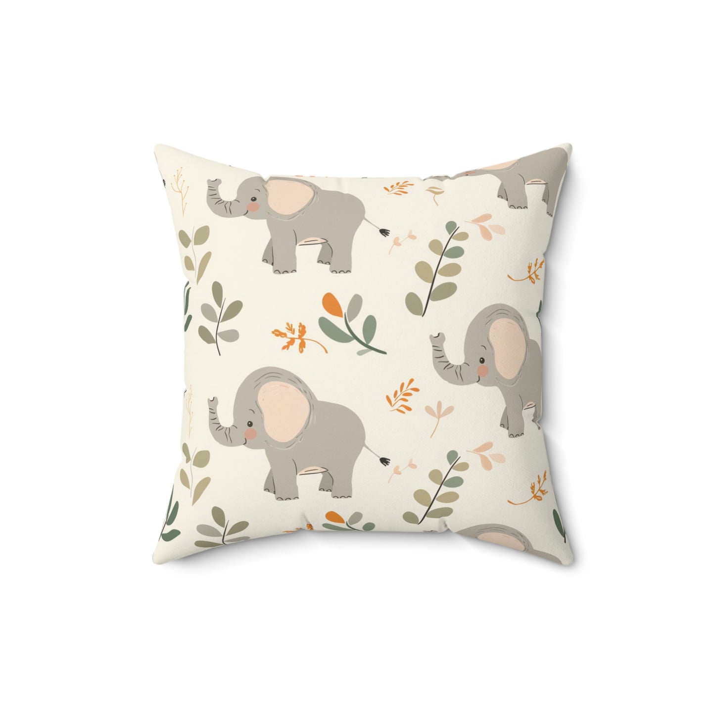 Faux suede nursery pillow with grey elephants and green leaves