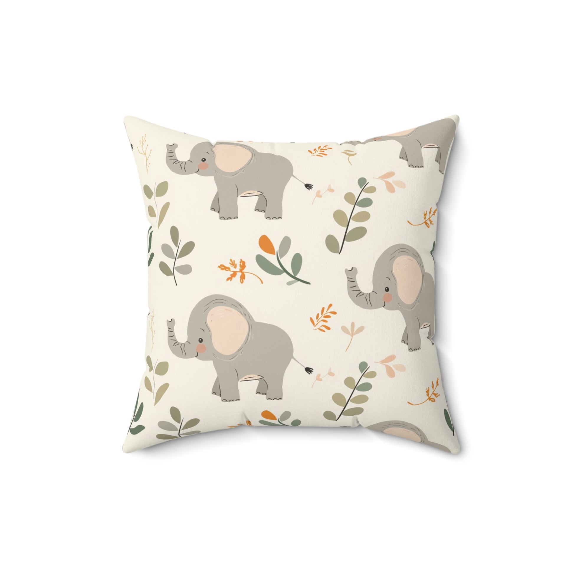 Faux suede nursery pillow with grey elephants and green leaves