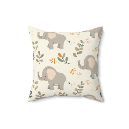 Faux suede nursery pillow with grey elephants and green leaves