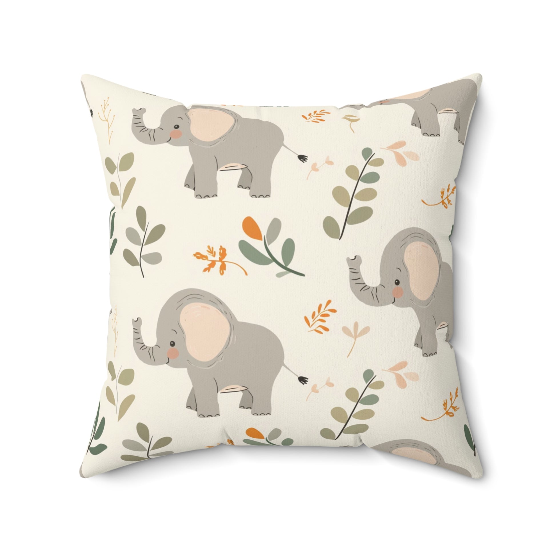 Little Elephants nursery pillow shown from the front