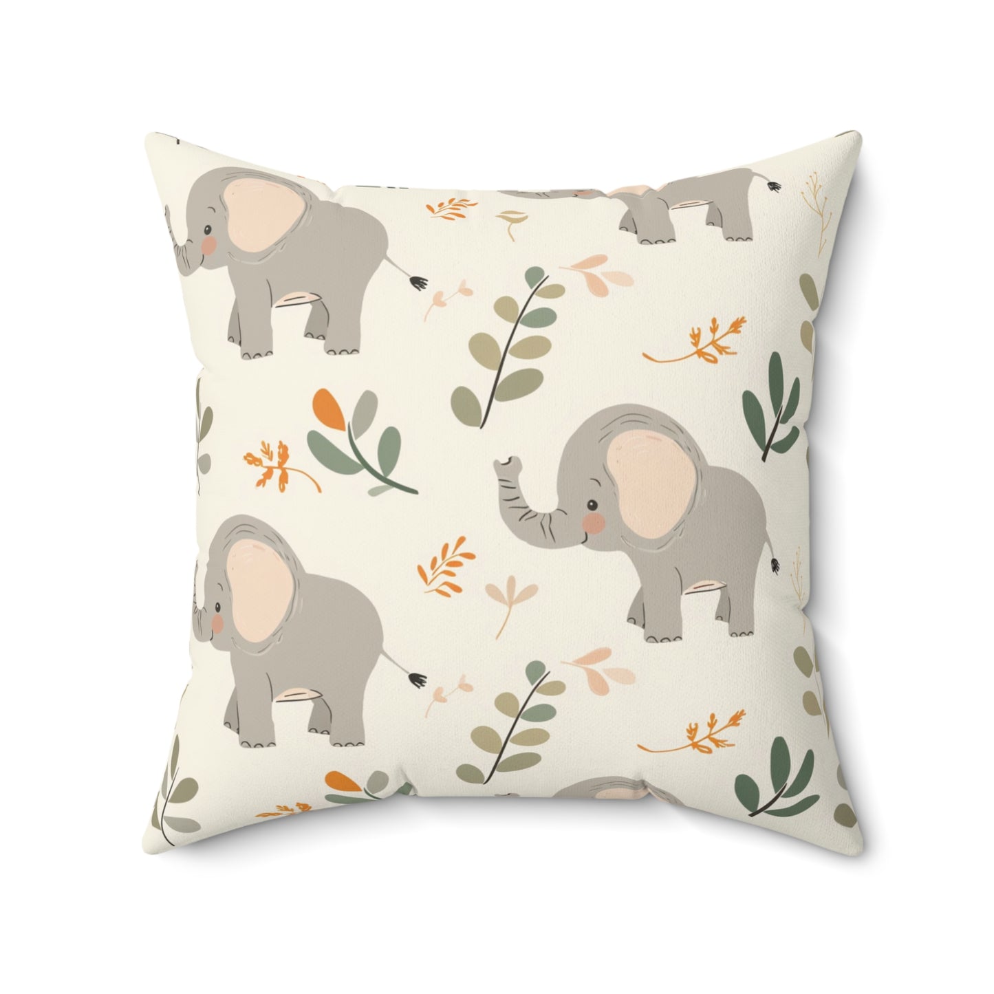 Faux suede pillow with elephants, leaves and apricot buds