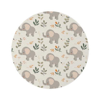 Little Elephants round nursery rug on a baby room floor