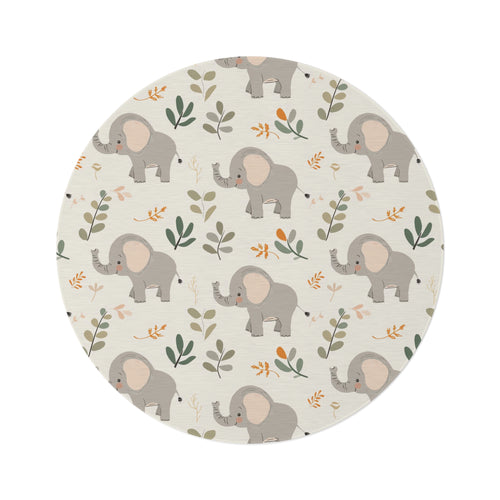 Little Elephants round nursery rug on a baby room floor