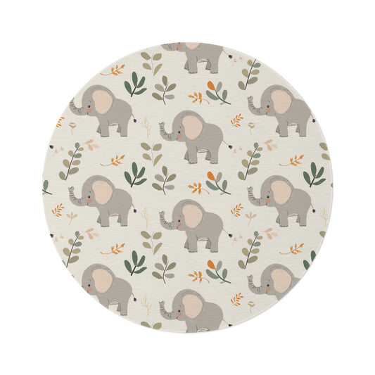 Little Elephants round nursery rug on a baby room floor