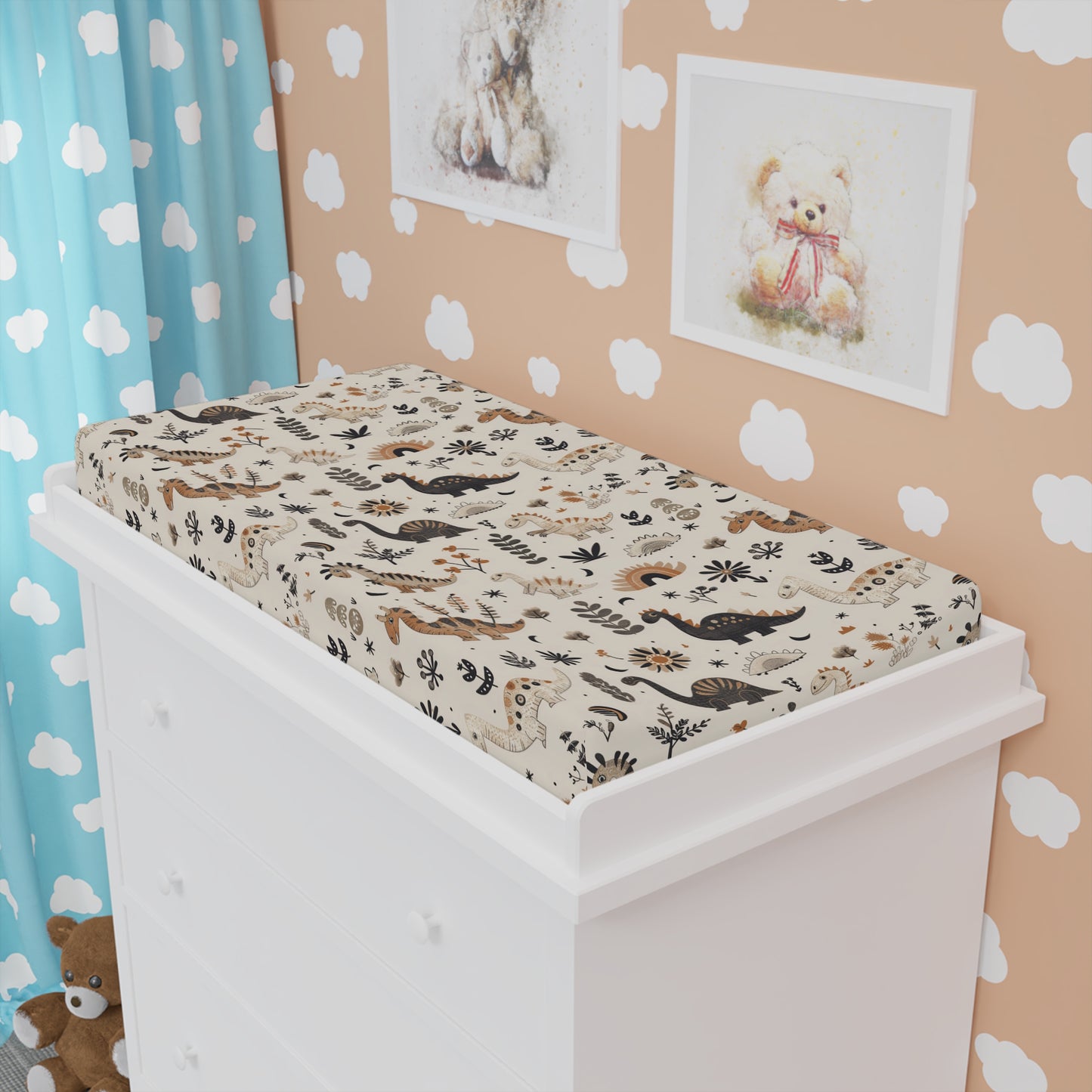 Meadow Dinosaurs changing pad cover fitted over a contoured pad