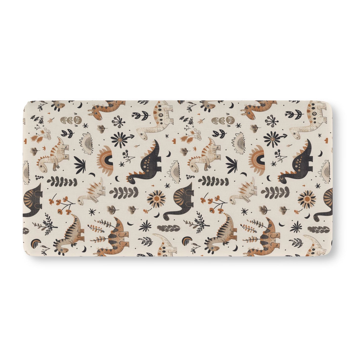 Fitted crib sheet with charcoal and ochre dinosaurs on cream