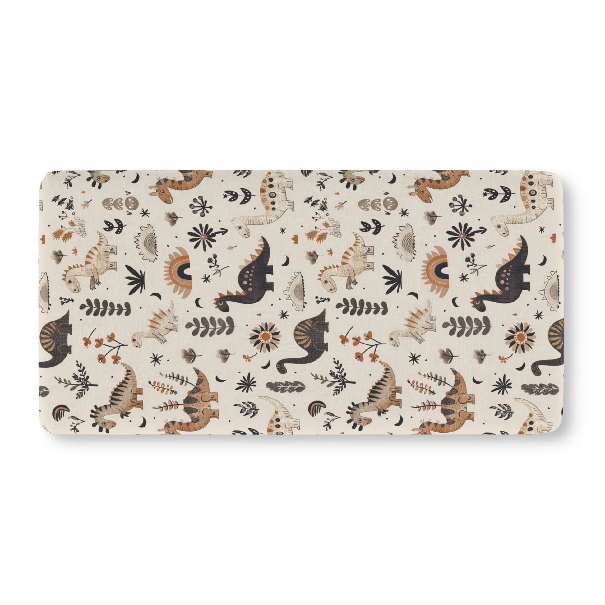 Fitted crib sheet with charcoal and ochre dinosaurs on cream