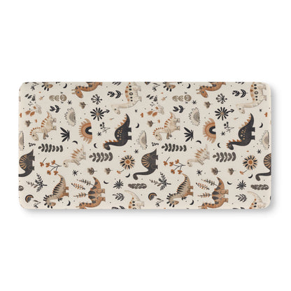 Fitted crib sheet with charcoal and ochre dinosaurs on cream