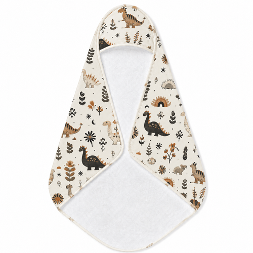 Meadow Dinosaurs hooded baby towel wrapped around a baby