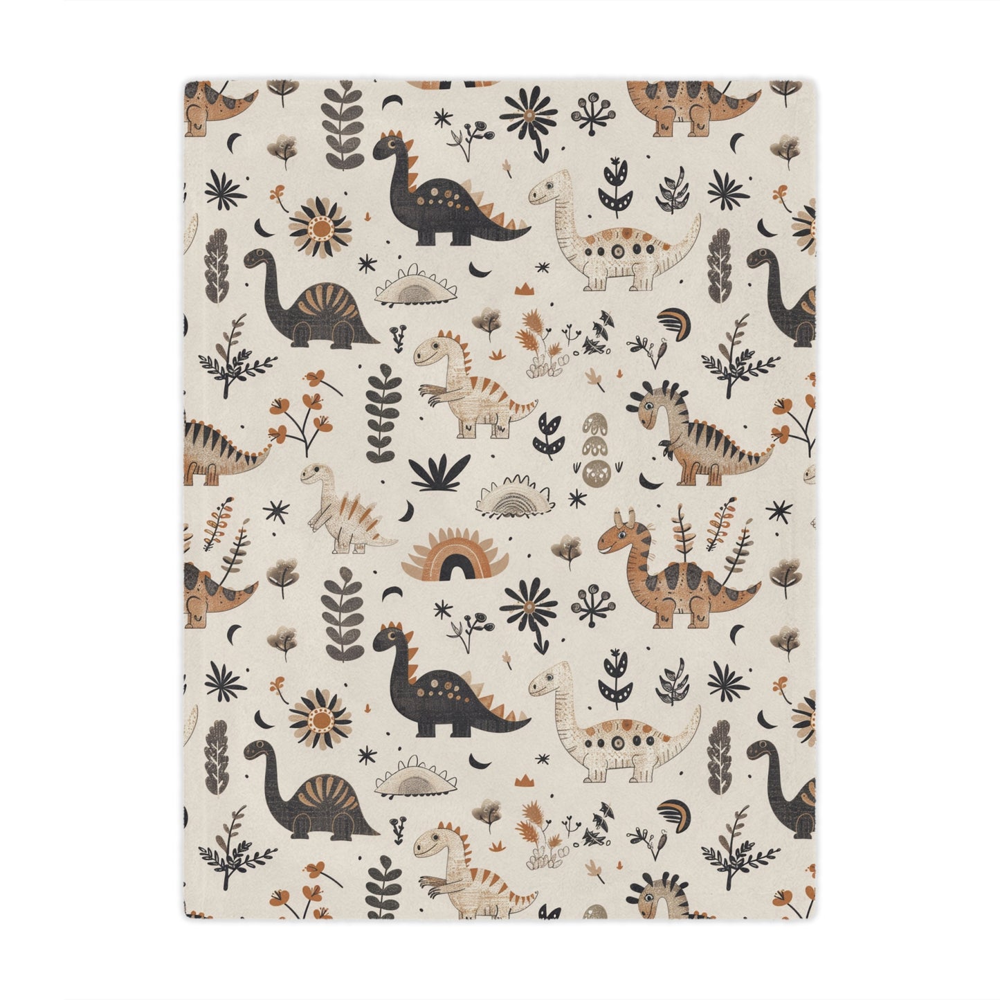 Minky baby blanket in charcoal, tan and ochre, Meadow Dinosaurs print