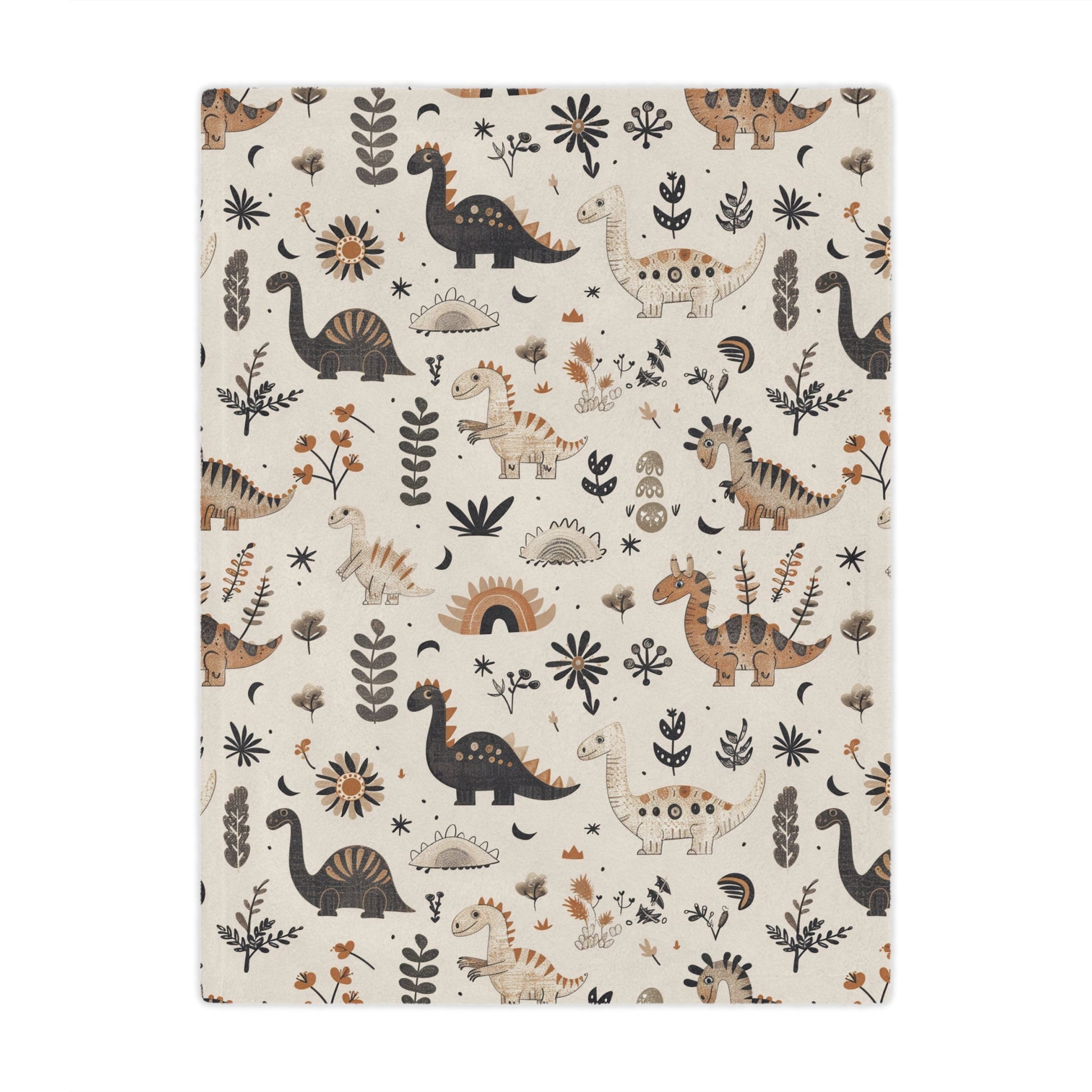 Minky baby blanket in charcoal, tan and ochre, Meadow Dinosaurs print