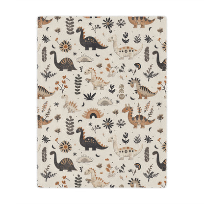 Minky baby blanket in charcoal, tan and ochre, Meadow Dinosaurs print