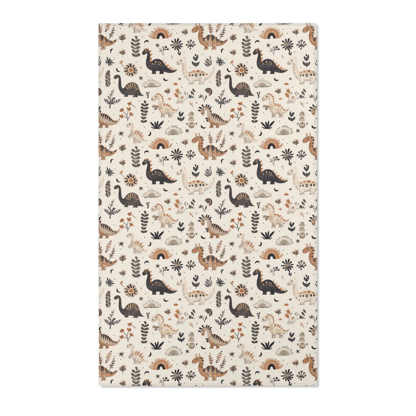 Dinosaur nursery area rug in charcoal, tan and ochre on cream