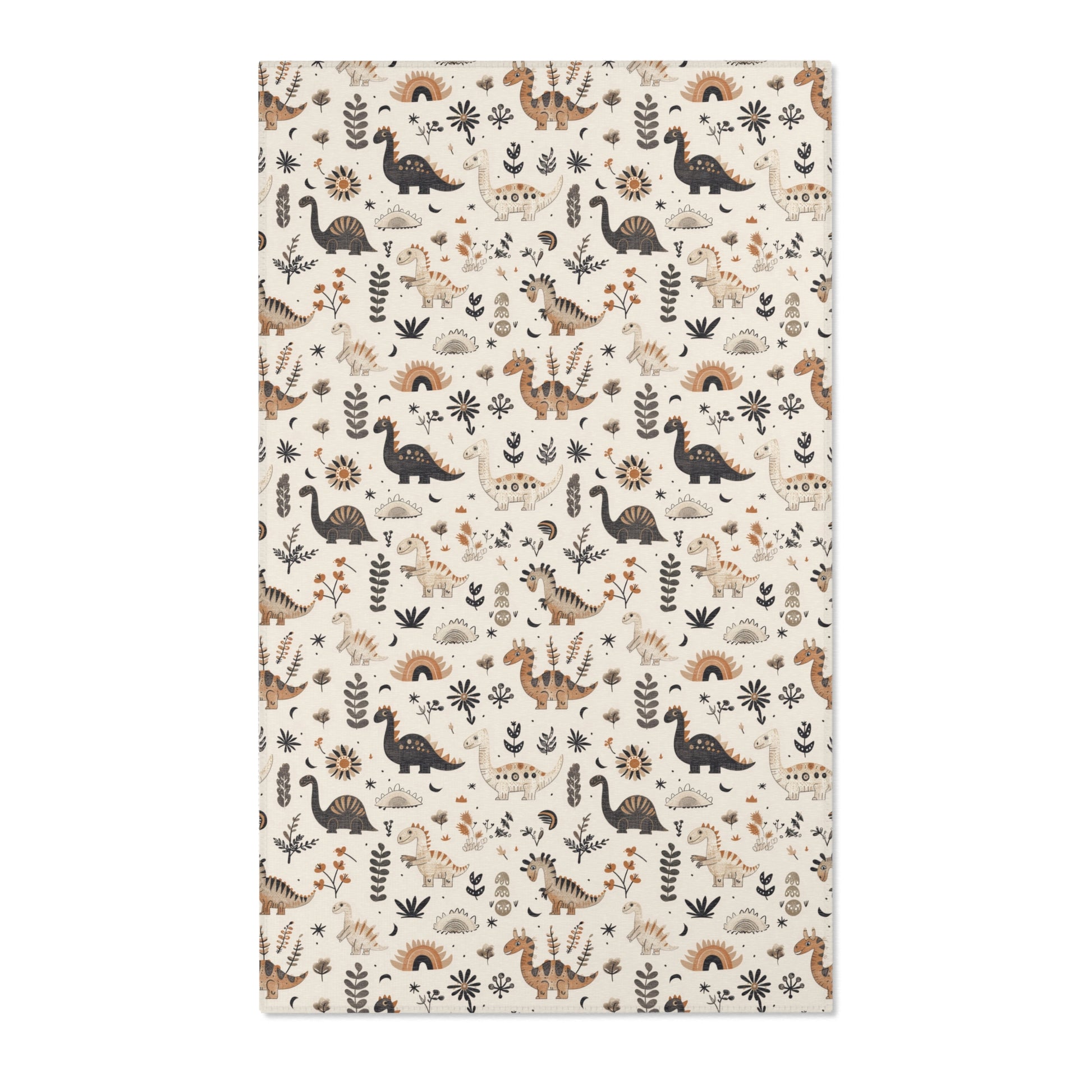 Dinosaur nursery area rug in charcoal, tan and ochre on cream