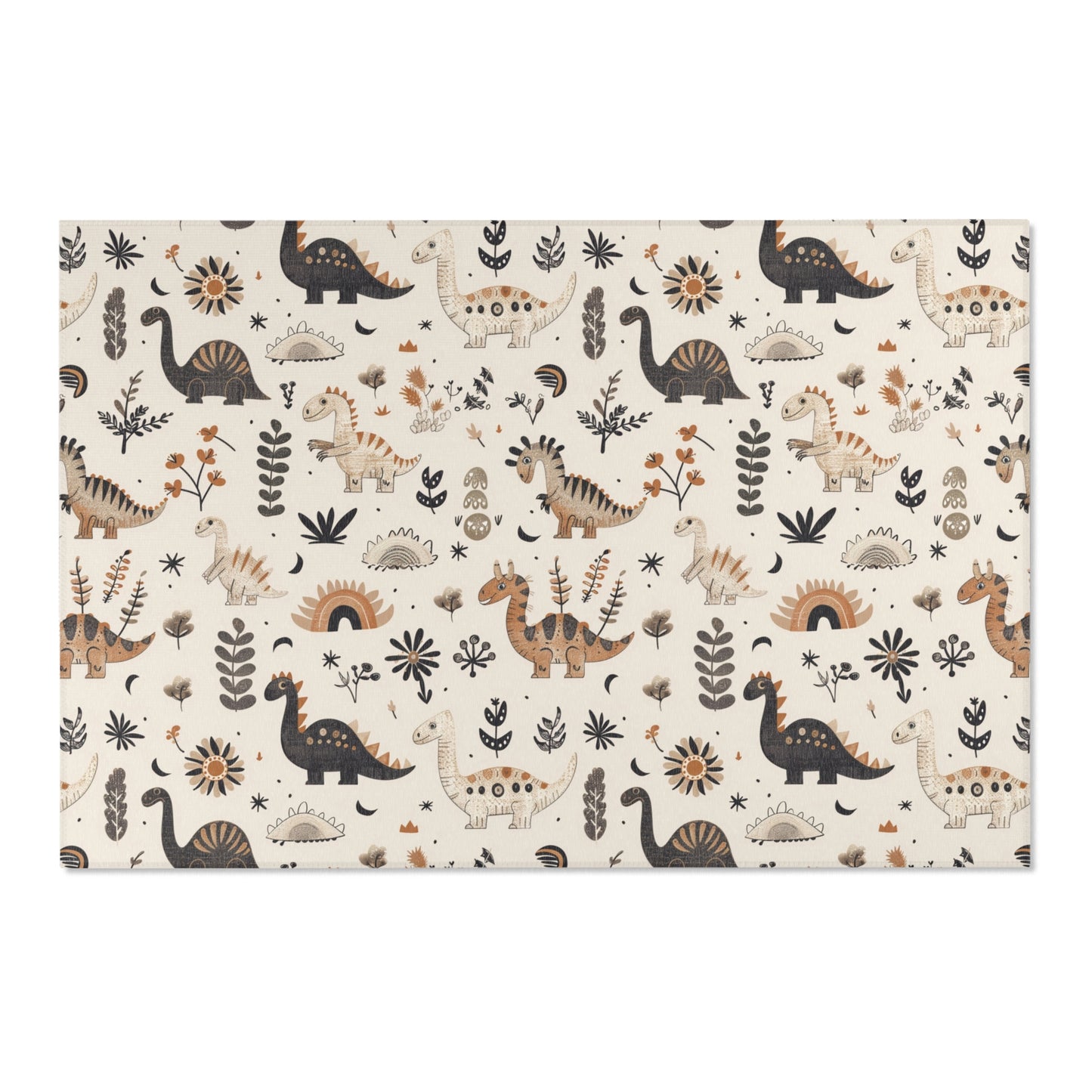 Low pile nursery rug with earth-toned dinosaurs on cream