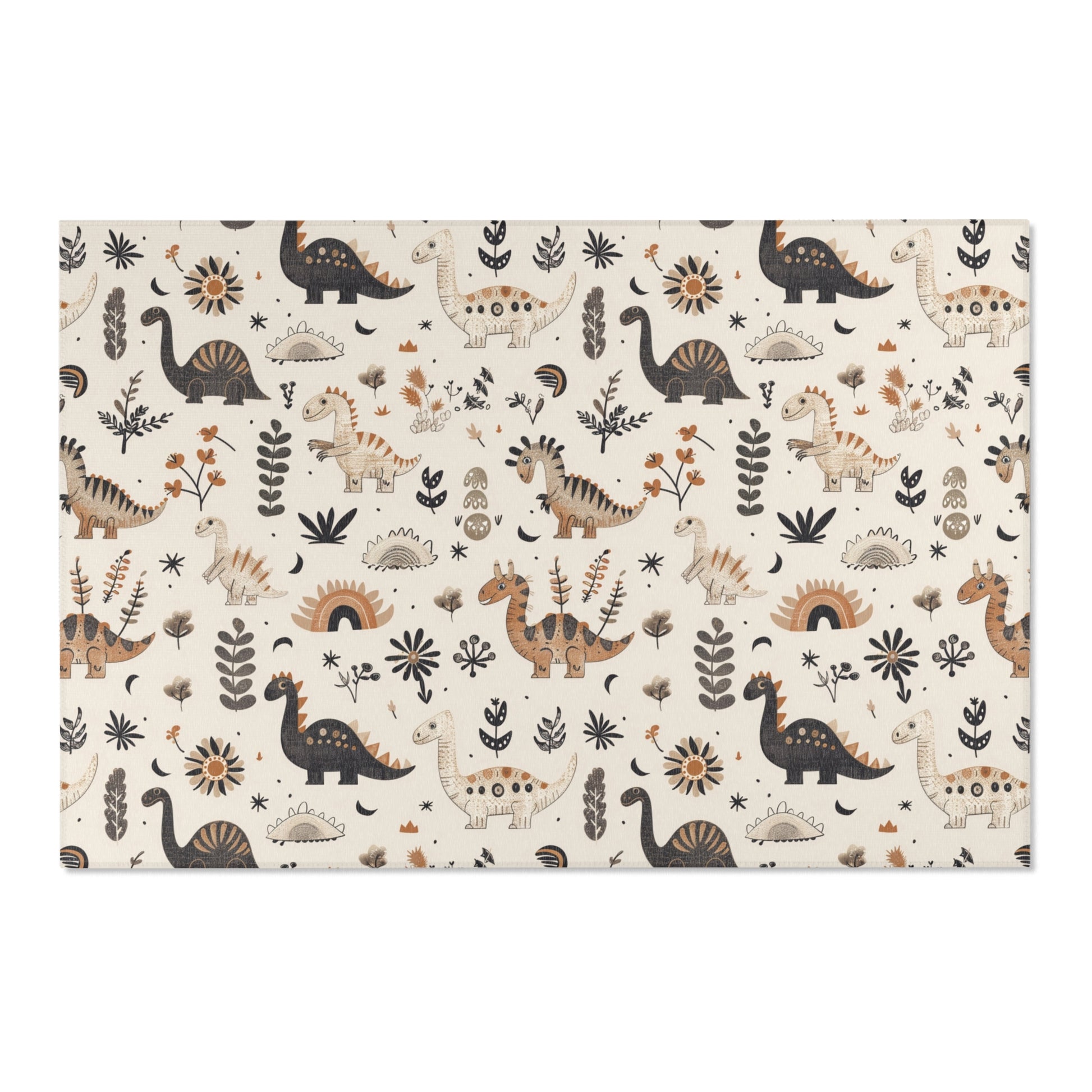 Low pile nursery rug with earth-toned dinosaurs on cream